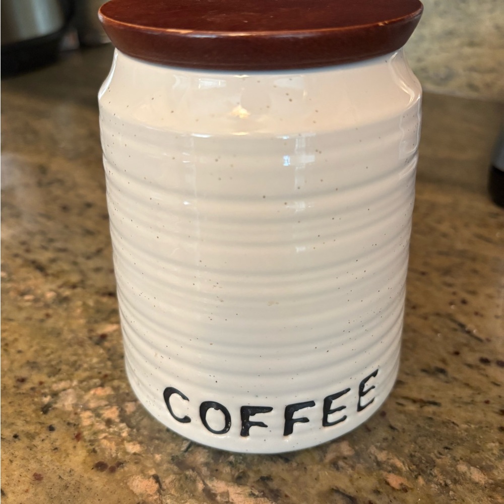 Rustic White Coffee Canister with Wooden Lid